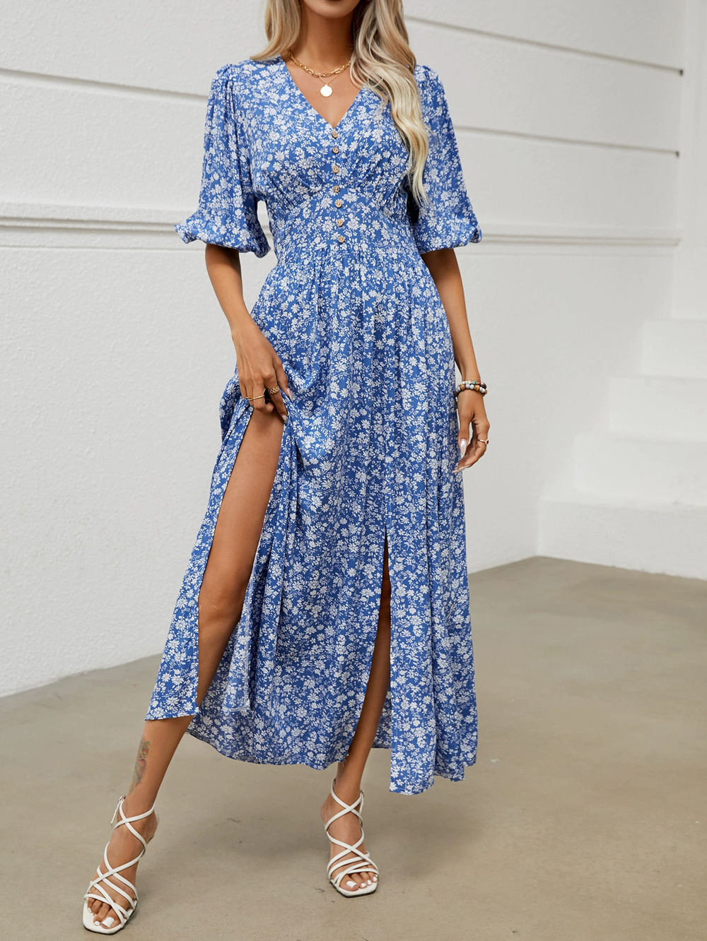 ZARA Off Shoulder Lantern Sleeve Cinched Waist Boho Beach Vacation Dress